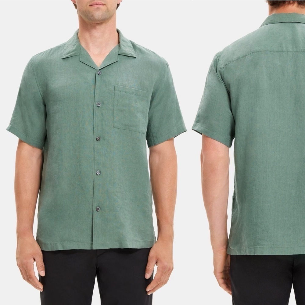 NWT Theory 2XL Linen Balsam Green Camp Collar Short Sleeve Pocket Shirt $165